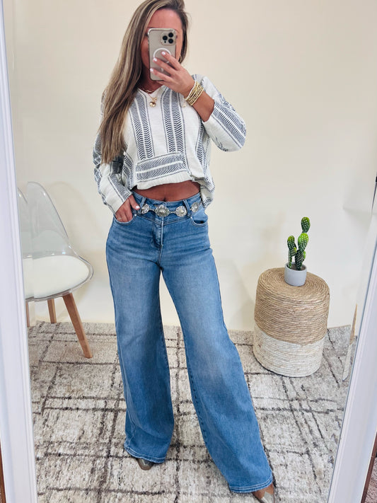 Risen High Rise Wide Front Flare Jeans